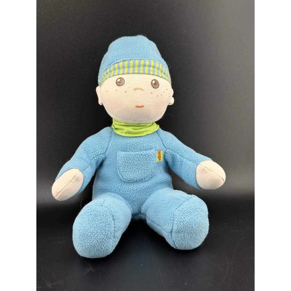Haba Snug-up First Boy Baby Doll Luis 8" Plush Stuffed Animal Freckles Blue
